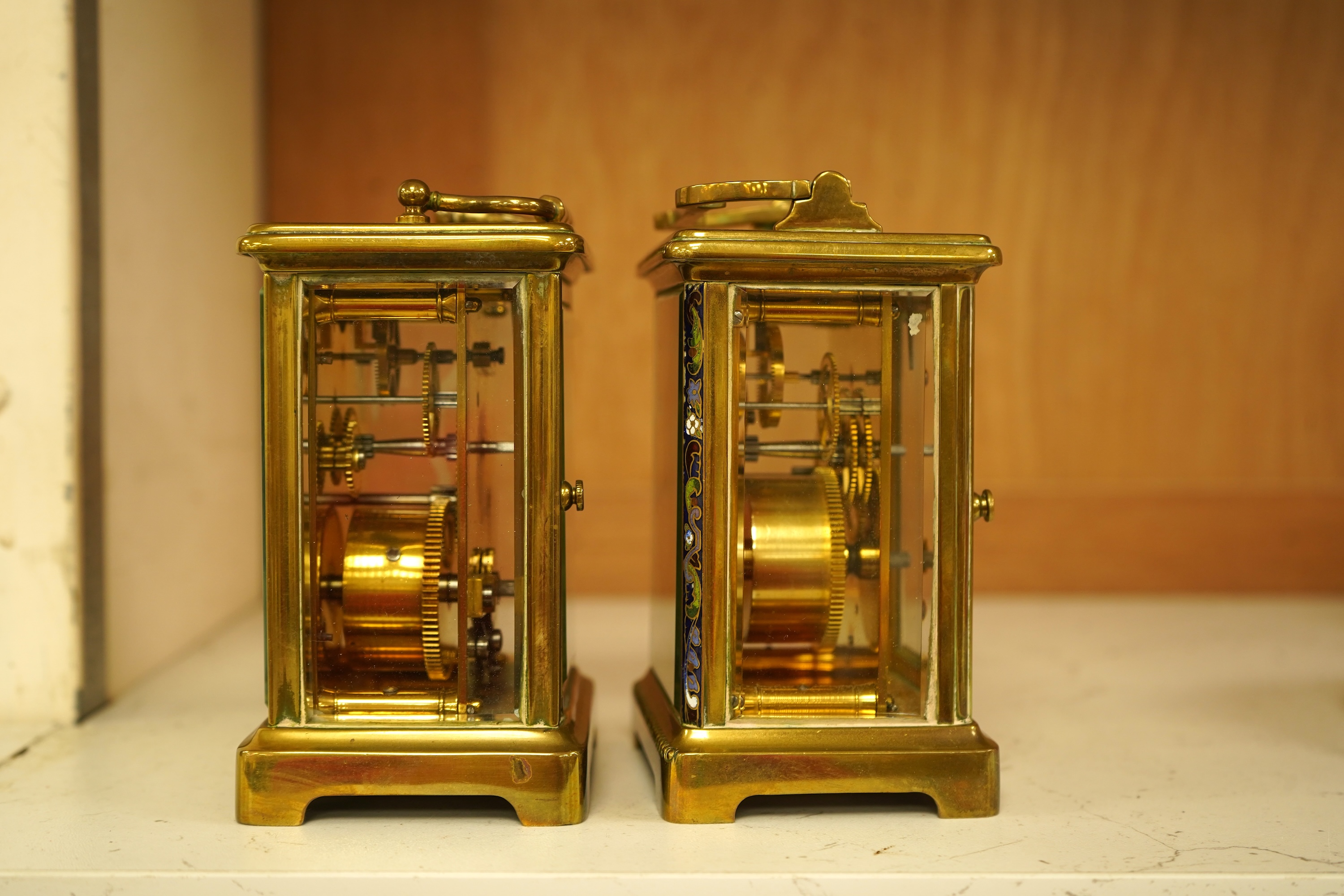 A lacquered brass champleve enamel carriage timepiece and one other, no keys, largest 15cm high